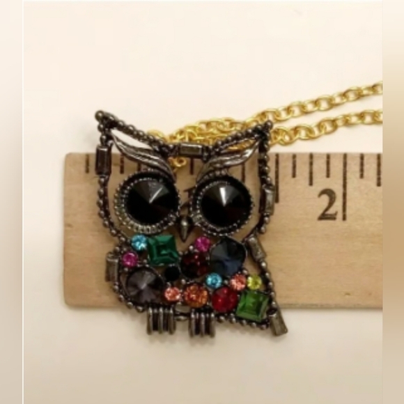 Silver Plated gold chain multicolor crystal owl necklace brooch - Picture 7 of 14